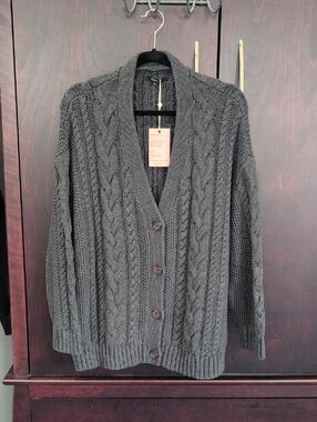 Quince Organic Cotton Cable Knit Cardigan Small Charcoal